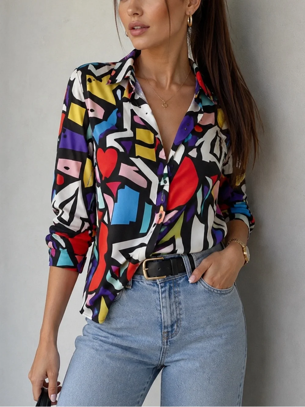 Abstract Multi-Color Button-Up Blouse - Women Tops